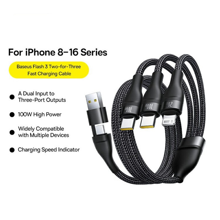 BASEUS Flash Series 3 Two-For-Three Fast Charging Cable USB + Type-C to Type-C + Type-C + Lightning 100W 1.5m, Black