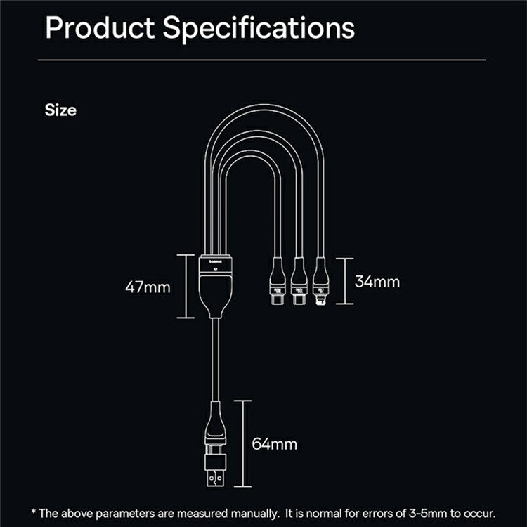 BASEUS Flash Series 3 Two-For-Three Fast Charging Cable USB + Type-C to Type-C + Type-C + Lightning 100W 1.5m, Black