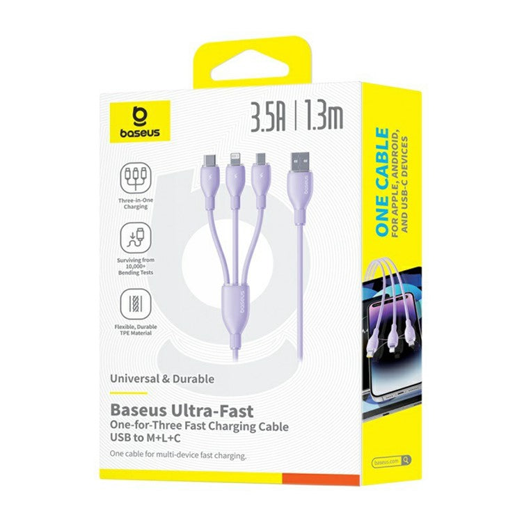 BASEUS Ultra-Fast One-for-Three Fast Charging Cable USB to Micro USB + Lightning + USB-C 3.5A 1.3m - Purple