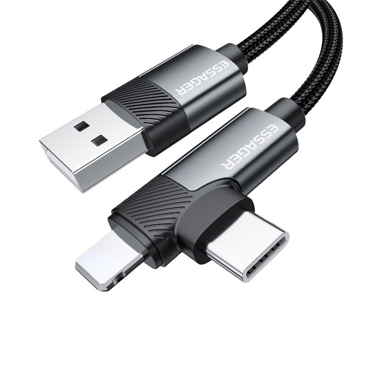 ESSAGER 2m USB-A to iP + Type-C 90 Degree Right Angle 3A Fast Charging Data Cable