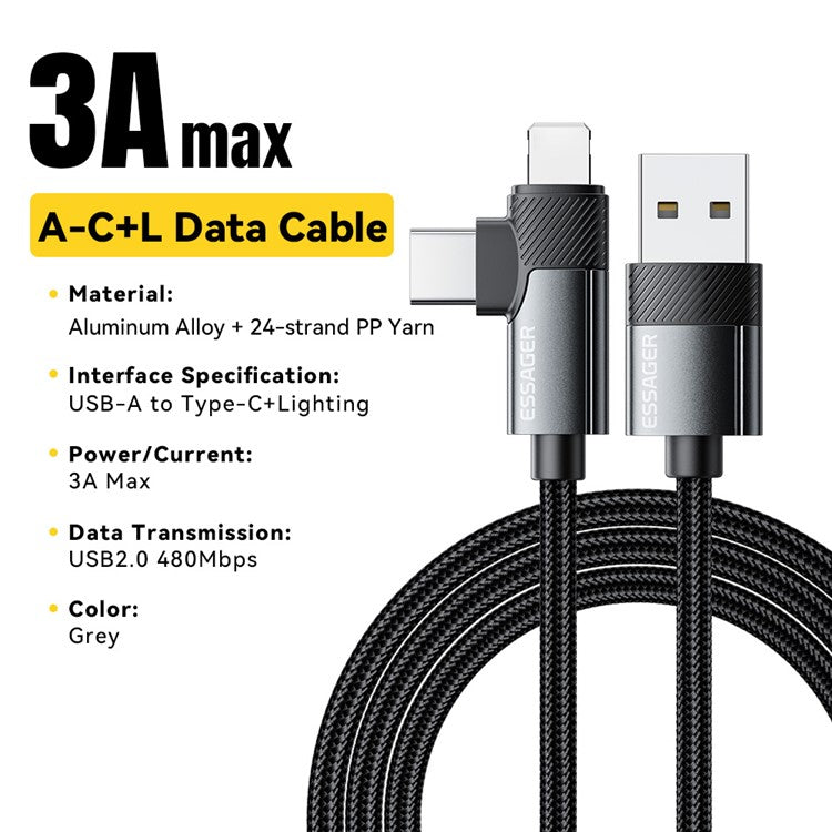 ESSAGER 2m USB-A to iP + Type-C 90 Degree Right Angle 3A Fast Charging Data Cable