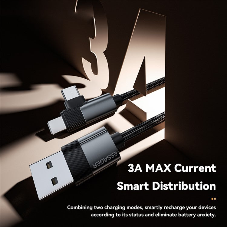 ESSAGER 2m USB-A to iP + Type-C 90 Degree Right Angle 3A Fast Charging Data Cable