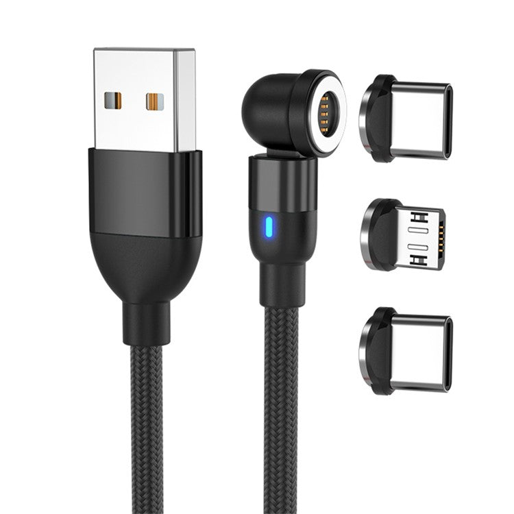 1m USB to 8Pin / Type-C / Micro Rotatable Connector 3A Magnetic Charging Data Cable - Black