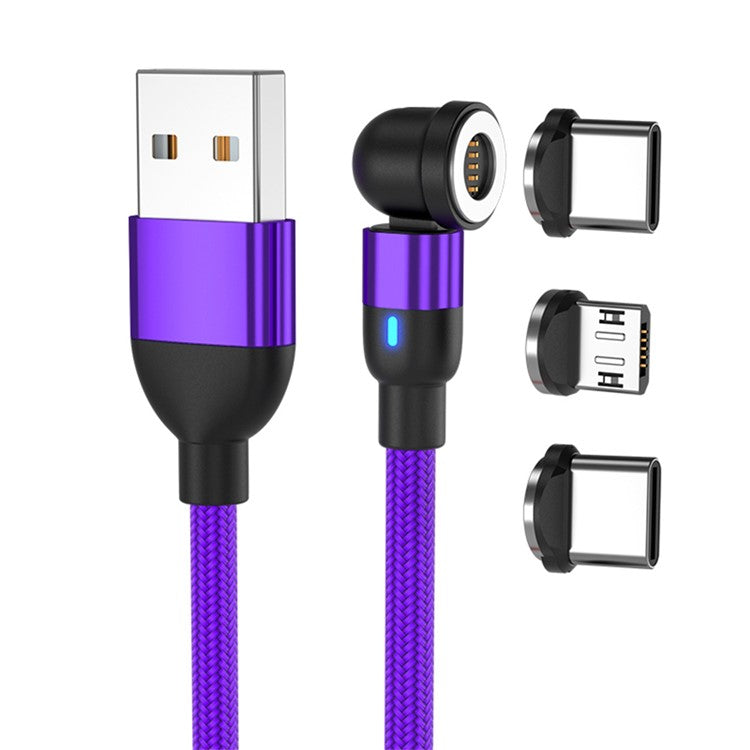 1m USB to 8Pin / Type-C / Micro Rotatable Connector 3A Magnetic Charging Data Cable - Purple