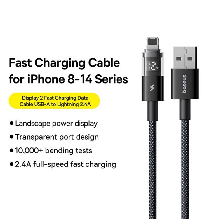 BASEUS USB to Lightning Cable 2.4A Fast Charging Data Cable Digital Display Transparent Port 1m Nylon Braided - Black