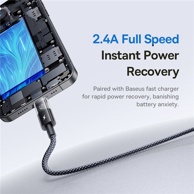 BASEUS USB to Lightning Cable 2.4A Fast Charging Data Cable Digital Display Transparent Port 1m Nylon Braided - Black