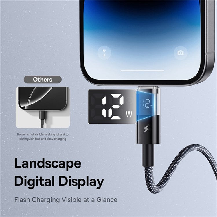 BASEUS USB to Lightning Cable 2.4A Fast Charging Data Cable Digital Display Transparent Port 1m Nylon Braided - Black