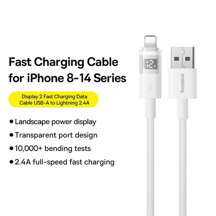 BASEUS USB to Lightning Cable 2.4A Fast Charging Data Cable Digital Display Transparent Port 1m Nylon Braided - White