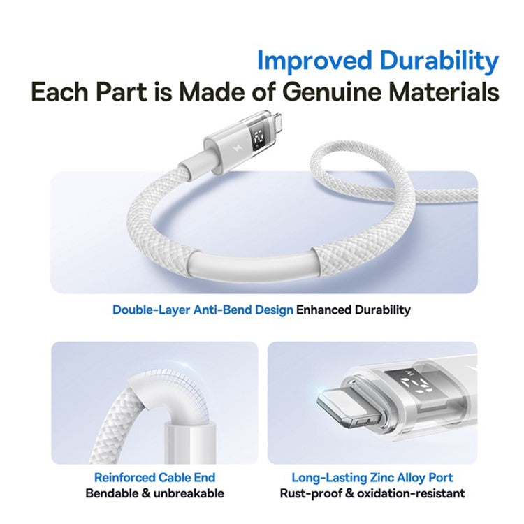 BASEUS USB to Lightning Cable 2.4A Fast Charging Data Cable Digital Display Transparent Port 1m Nylon Braided - White
