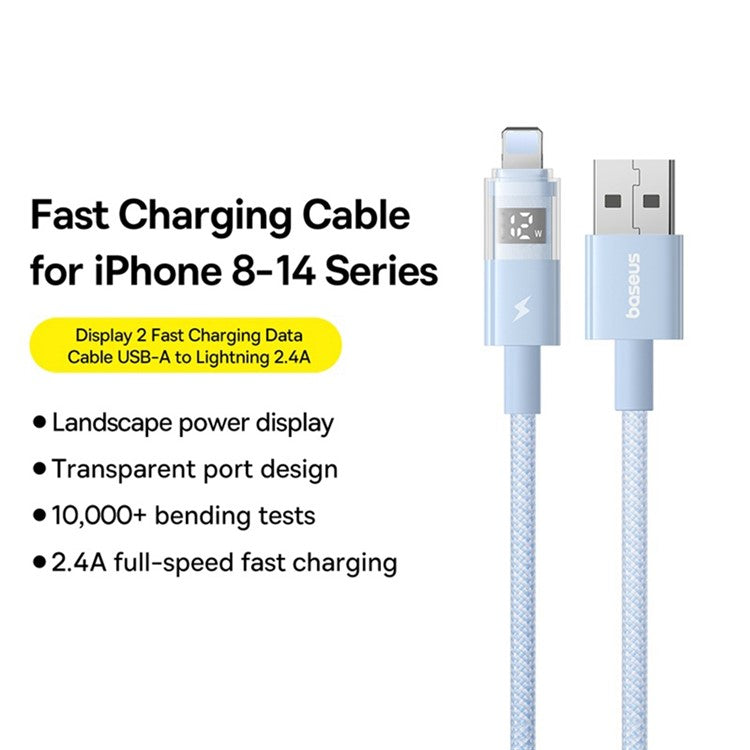 BASEUS USB to Lightning Cable 2.4A Fast Charging Data Cable Digital Display Transparent Port 1m Nylon Braided - Blue