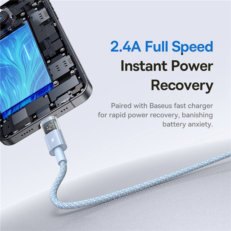 BASEUS USB to Lightning Cable 2.4A Fast Charging Data Cable Digital Display Transparent Port 1m Nylon Braided - Blue