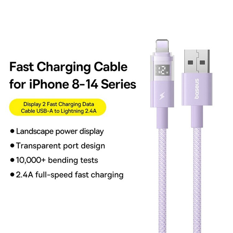 BASEUS USB to Lightning Cable 2.4A Fast Charging Data Cable Digital Display Transparent Port 1m Nylon Braided - Purple