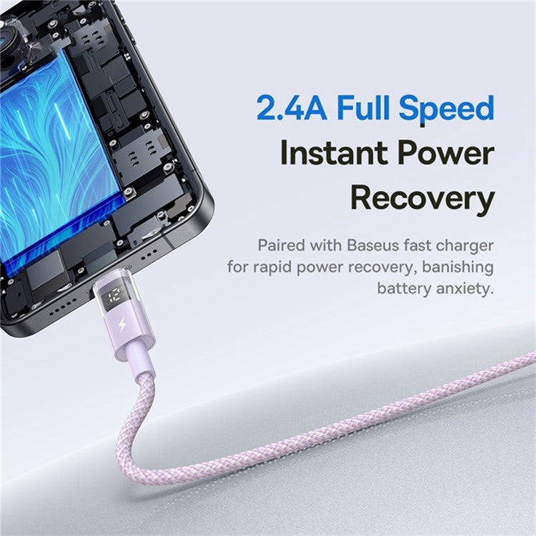 BASEUS USB to Lightning Cable 2.4A Fast Charging Data Cable Digital Display Transparent Port 1m Nylon Braided - Purple
