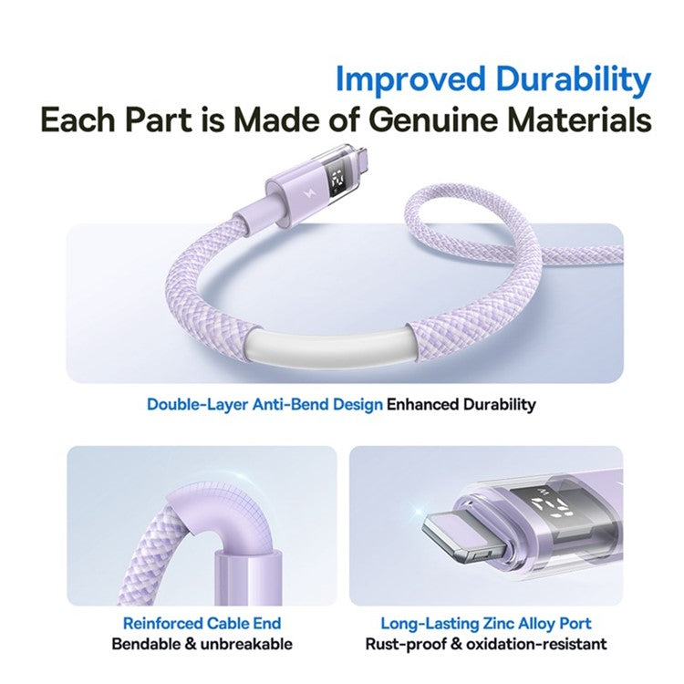 BASEUS USB to Lightning Cable 2.4A Fast Charging Data Cable Digital Display Transparent Port 1m Nylon Braided - Purple