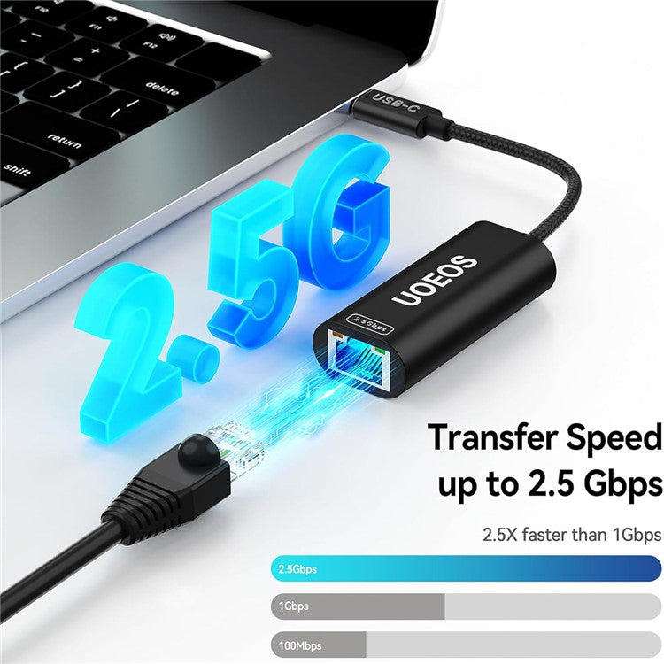 UOEOS USB 3.1 Type-C to Ethernet Adapter 2.5G High Speed RJ45 Wired Network Converter - Black