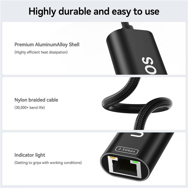 UOEOS USB 3.1 Type-C to Ethernet Adapter 2.5G High Speed RJ45 Wired Network Converter - Black