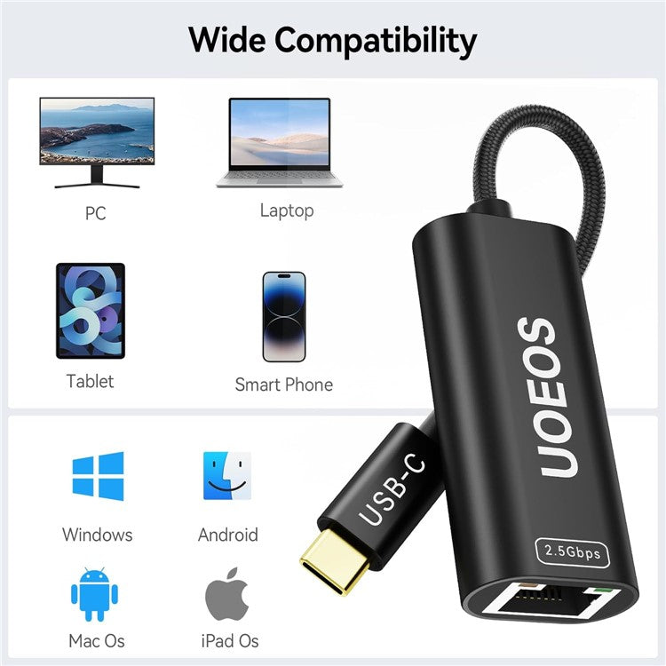 UOEOS USB 3.1 Type-C to Ethernet Adapter 2.5G High Speed RJ45 Wired Network Converter - Black