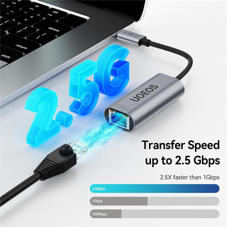 UOEOS USB 3.1 Type-C to Ethernet Adapter 2.5G High Speed RJ45 Wired Network Converter - Grey