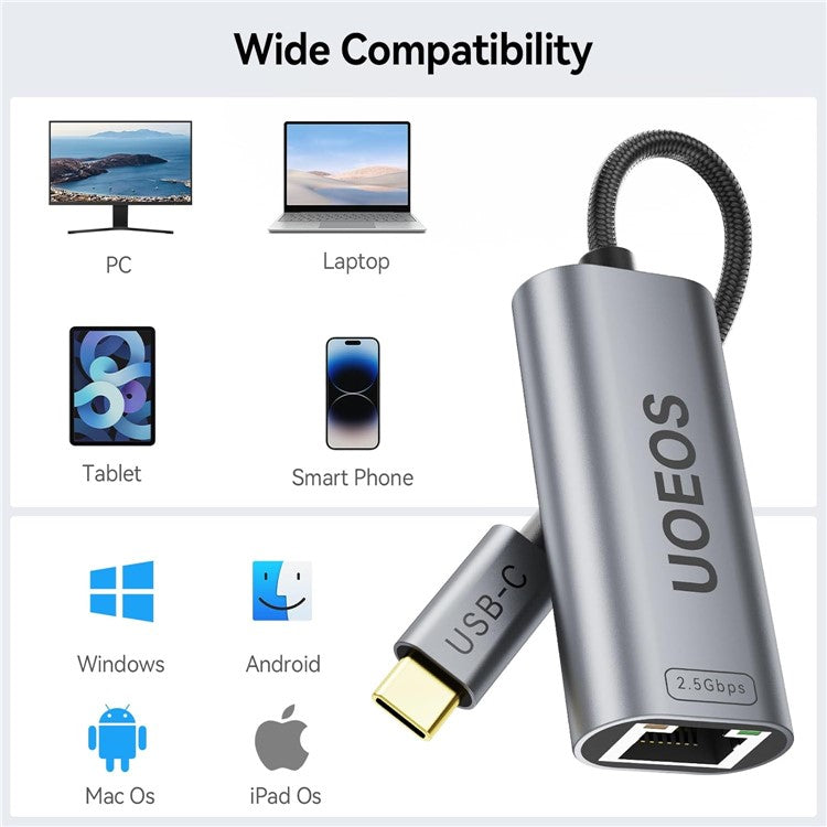 UOEOS USB 3.1 Type-C to Ethernet Adapter 2.5G High Speed RJ45 Wired Network Converter - Grey