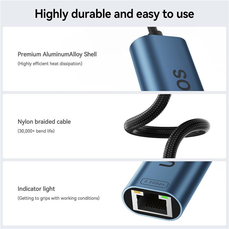 UOEOS USB 3.1 Type-C to Ethernet Adapter 2.5G High Speed RJ45 Wired Network Converter - Blue