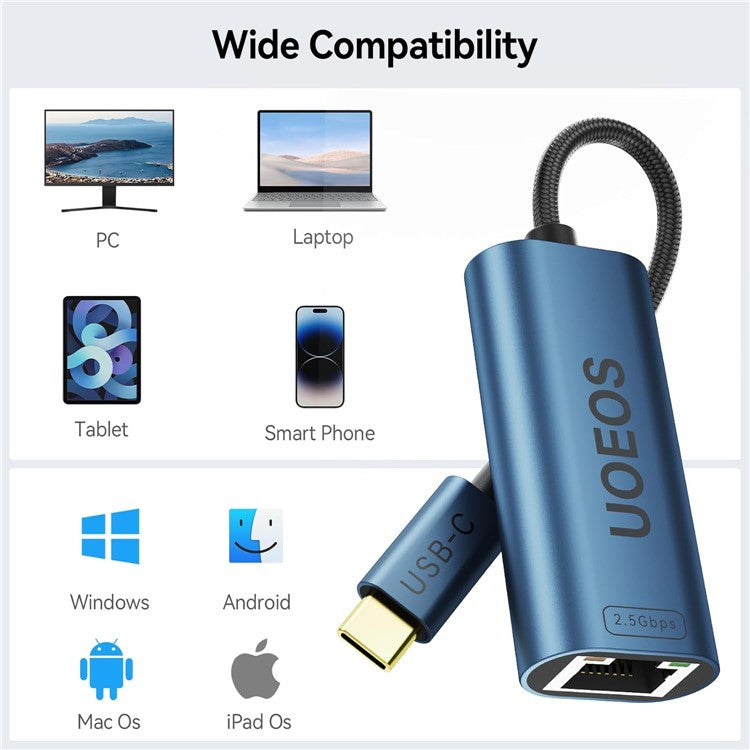 UOEOS USB 3.1 Type-C to Ethernet Adapter 2.5G High Speed RJ45 Wired Network Converter - Blue