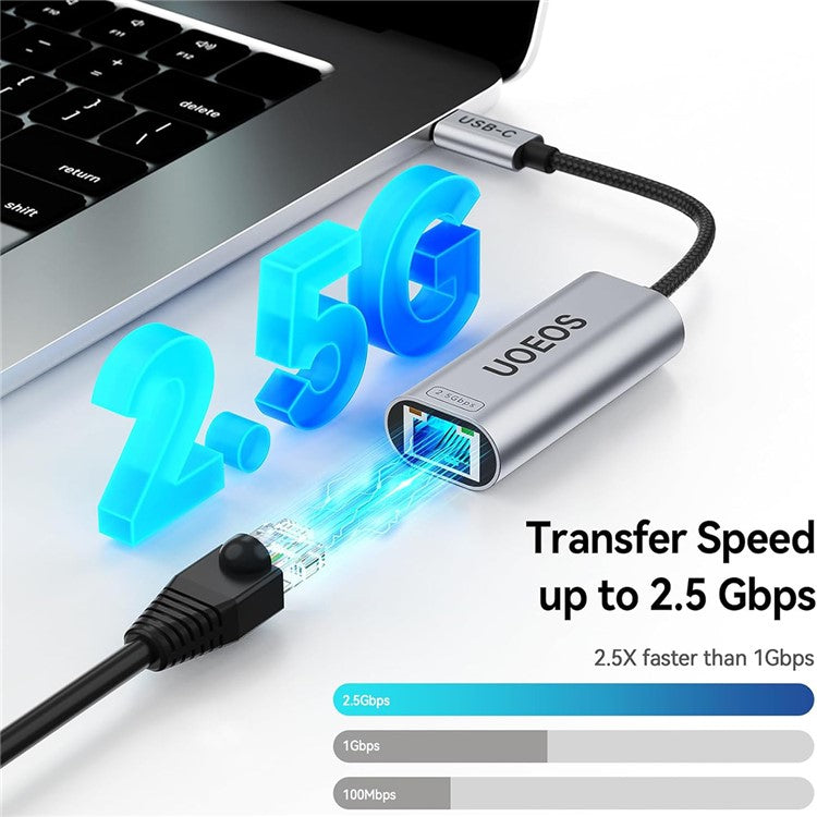 UOEOS USB 3.1 Type-C to Ethernet Adapter 2.5G High Speed RJ45 Wired Network Converter - Silver