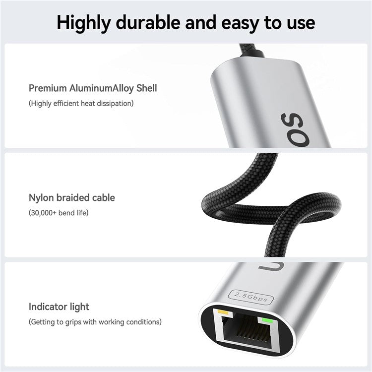 UOEOS USB 3.1 Type-C to Ethernet Adapter 2.5G High Speed RJ45 Wired Network Converter - Silver