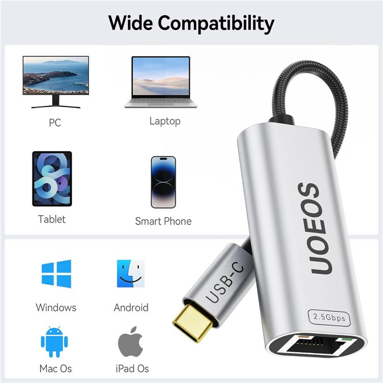 UOEOS USB 3.1 Type-C to Ethernet Adapter 2.5G High Speed RJ45 Wired Network Converter - Silver