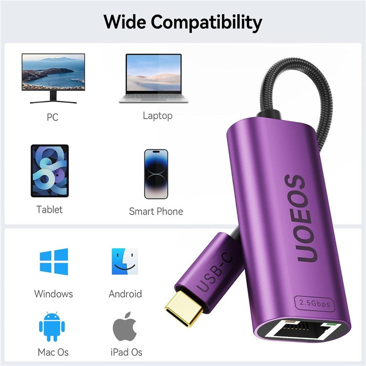 UOEOS USB 3.1 Type-C to Ethernet Adapter 2.5G High Speed RJ45 Wired Network Converter - Purple