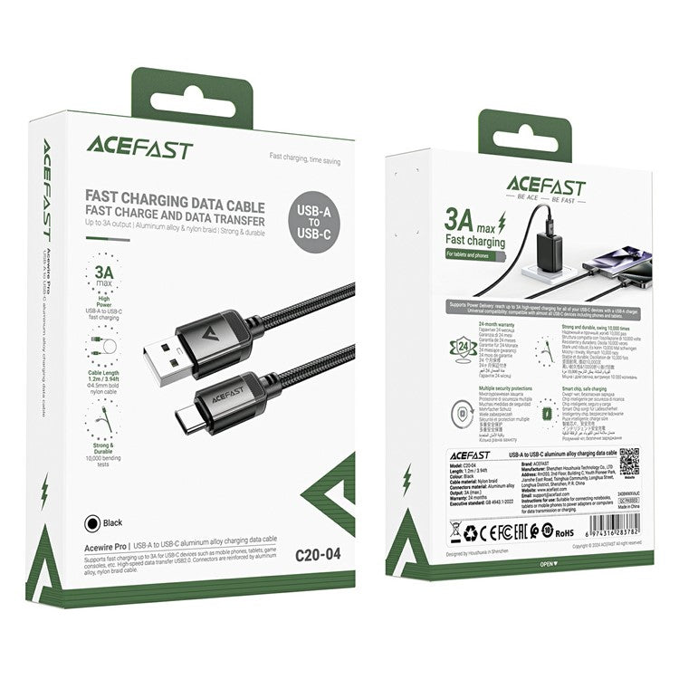 ACEFAST C20-04 1.2m USB-A to USB-C Aluminum Alloy Charging Wire Braided Data Cable