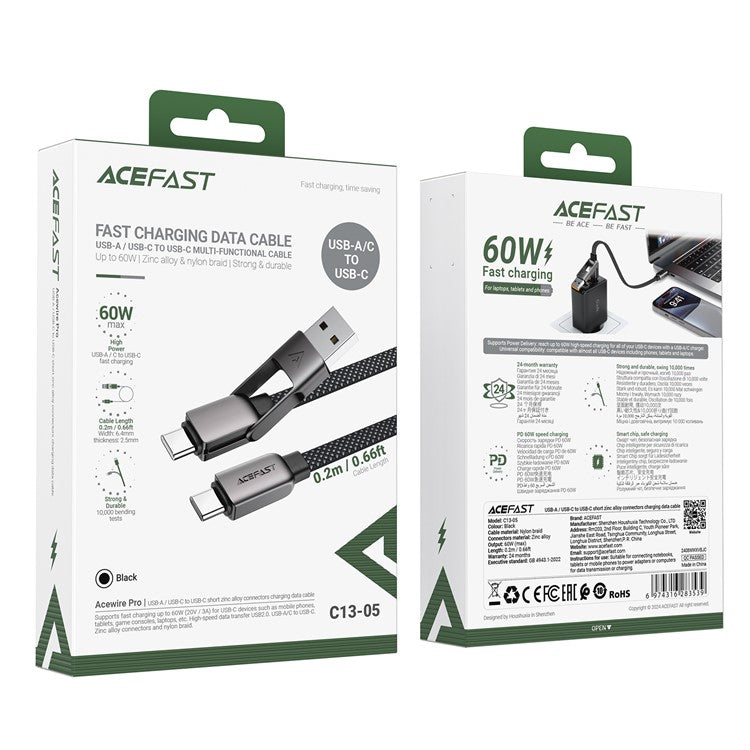 ACEFAST C13-05 0.2m USB-A / USB-C to USB-C Charging Data Cable Braided Zinc Alloy Cord