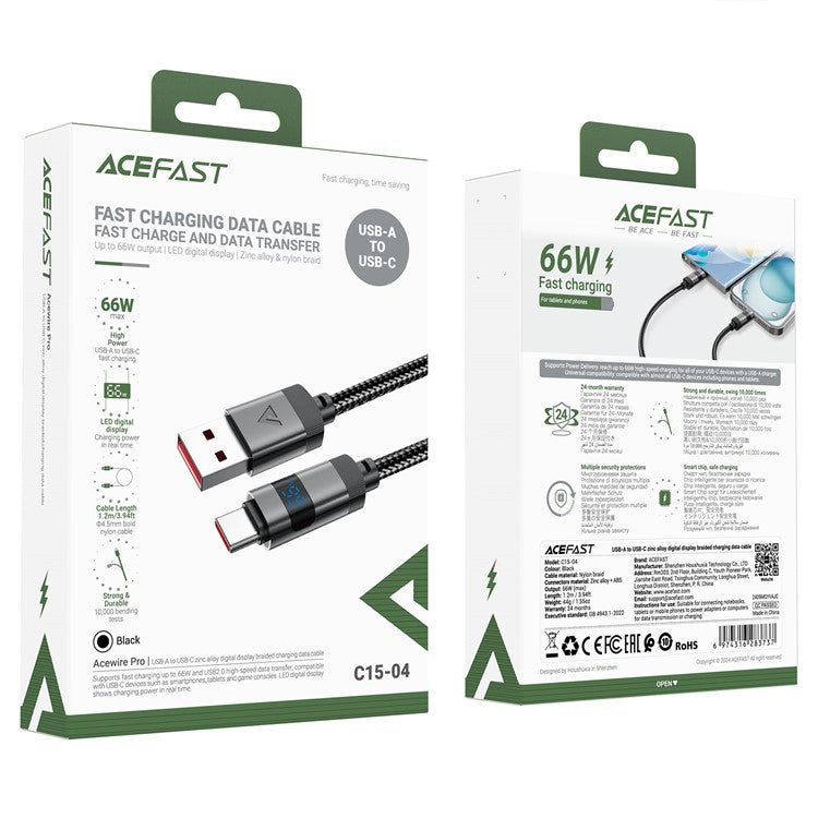 ACEFAST C15-04 1.2m USB-A to USB-C Digital Display Charging Cable 3A Fast Charge Data Cord