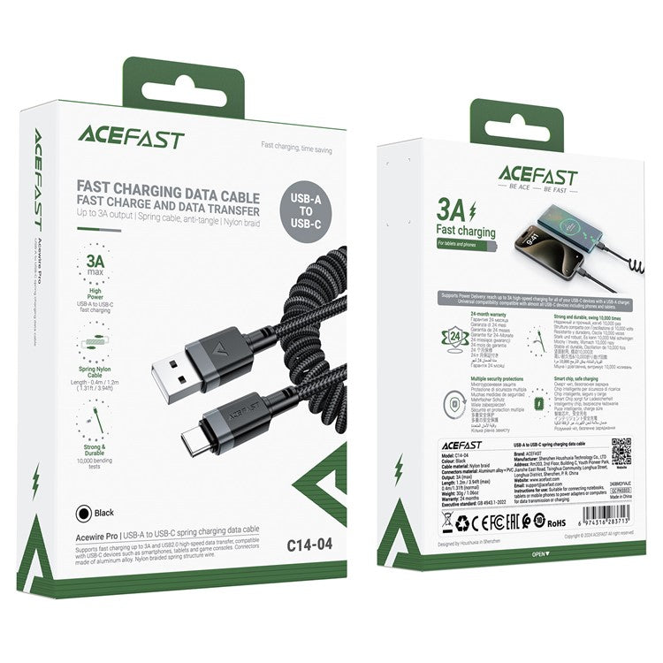 ACEFAST C14-04 1.2m USB-A to USB-C Spring Coiled Braided Data Cable 3A Fast Charging