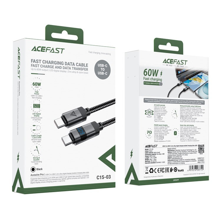 ACEFAST C15-03 1.2m USB-C to USB-C Charging Cable LED Power Display Braided Data Cord