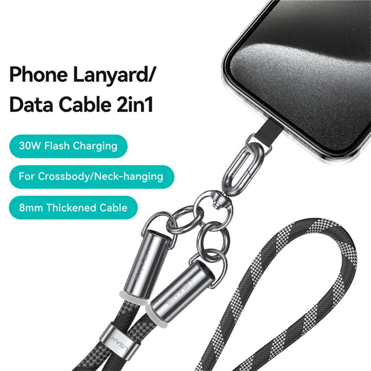USAMS SJ746 1.2m Crossbody Phone Lanyard Type-C To Lightning 30W Charging Cable - Black