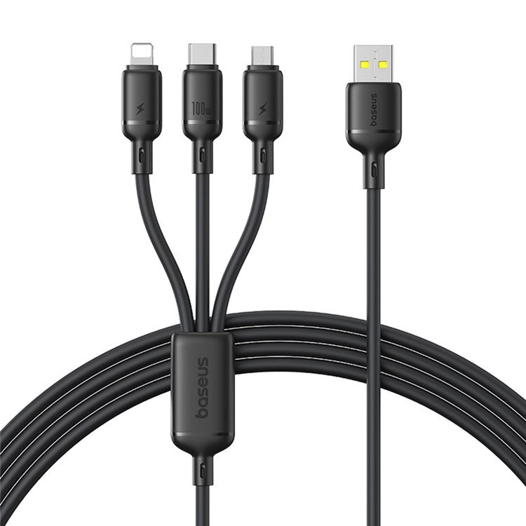 BASEUS Silky 1.5m One-For-Three USB-A to Micro + iP + Type-C 100W Fast Charging Cable - Black