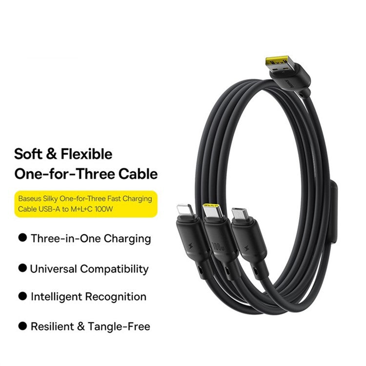 BASEUS Silky 1.5m One-For-Three USB-A to Micro + iP + Type-C 100W Fast Charging Cable - Black