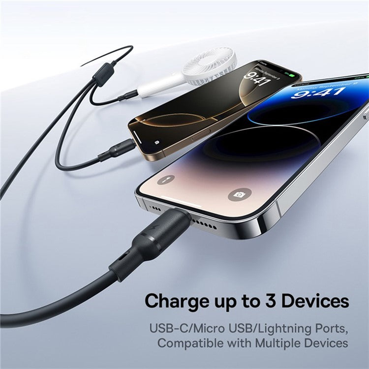 BASEUS Silky 1.5m One-For-Three USB-A to Micro + iP + Type-C 100W Fast Charging Cable - Black