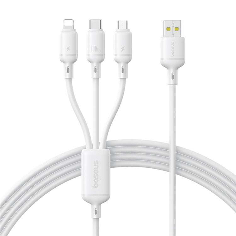 BASEUS Silky 1.5m One-For-Three USB-A to Micro + iP + Type-C 100W Fast Charging Cable - White