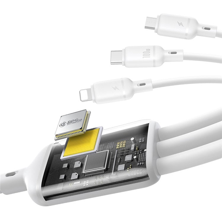 BASEUS Silky 1.5m One-For-Three USB-A to Micro + iP + Type-C 100W Fast Charging Cable - White