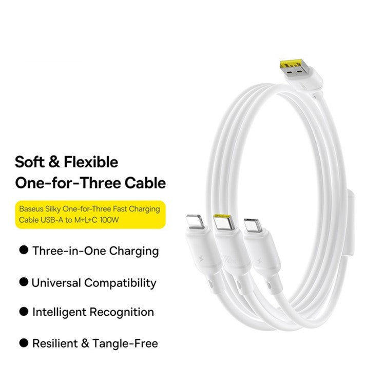 BASEUS Silky 1.5m One-For-Three USB-A to Micro + iP + Type-C 100W Fast Charging Cable - White