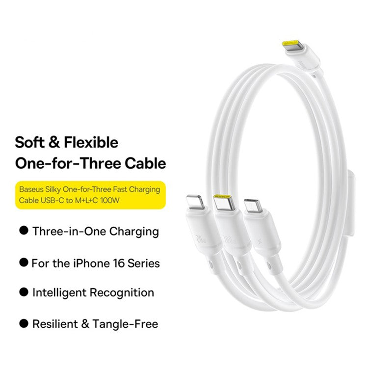 BASEUS Silky 1.5m One-For-Three USB-C to Micro + iP + Type-C 100W Fast Charging Cable - White