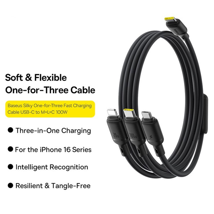 BASEUS Silky 1.5m One-For-Three USB-C to Micro + iP + Type-C 100W Fast Charging Cable - Black