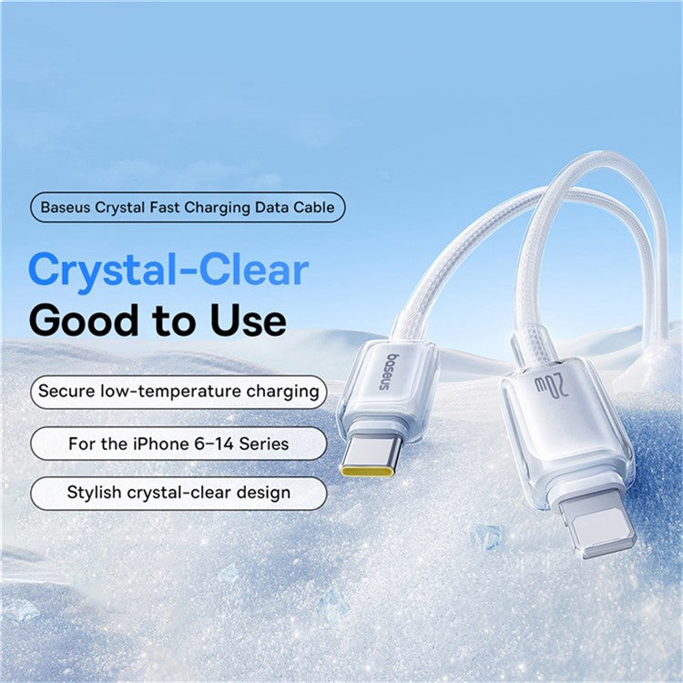 BASEUS Crystal 2m USB-C to iP PD 20W Fast Charging Wire Nyion Braided Data Cable, Moon White