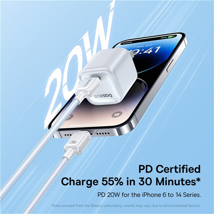 BASEUS Crystal 2m USB-C to iP PD 20W Fast Charging Wire Nyion Braided Data Cable, Moon White