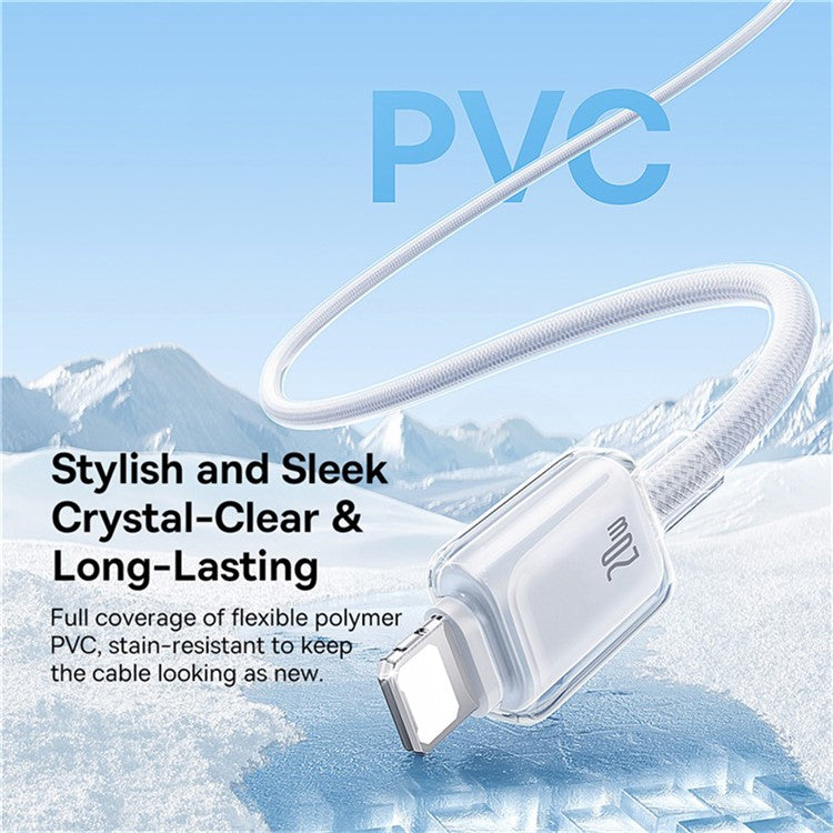 BASEUS Crystal 2m USB-C to iP PD 20W Fast Charging Wire Nyion Braided Data Cable, Moon White
