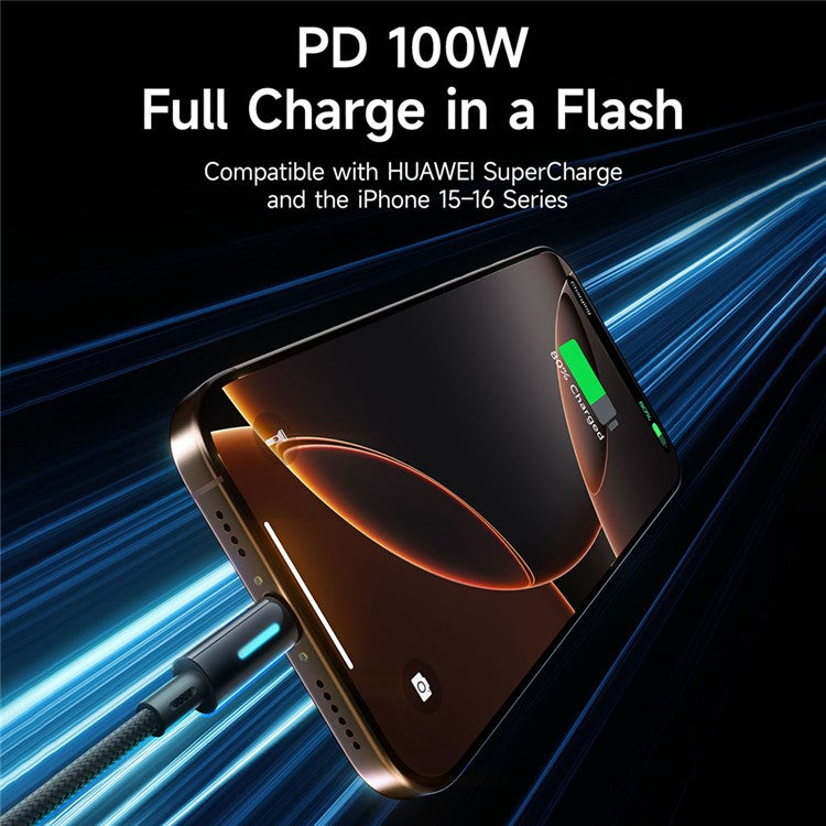 BASEUS Lit 1m Type C to Type C Nylon Braided 100W Fast Charging Cable with Dynamic Flowing Light