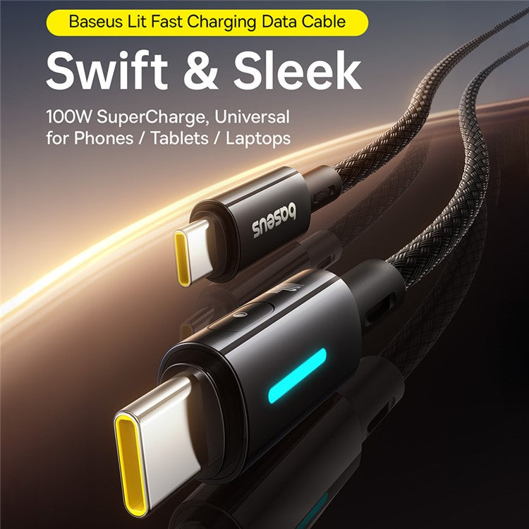 BASEUS Lit 2m Type C to Type C Nylon Braided 100W Fast Charging Cable with Dynamic Flowing Light