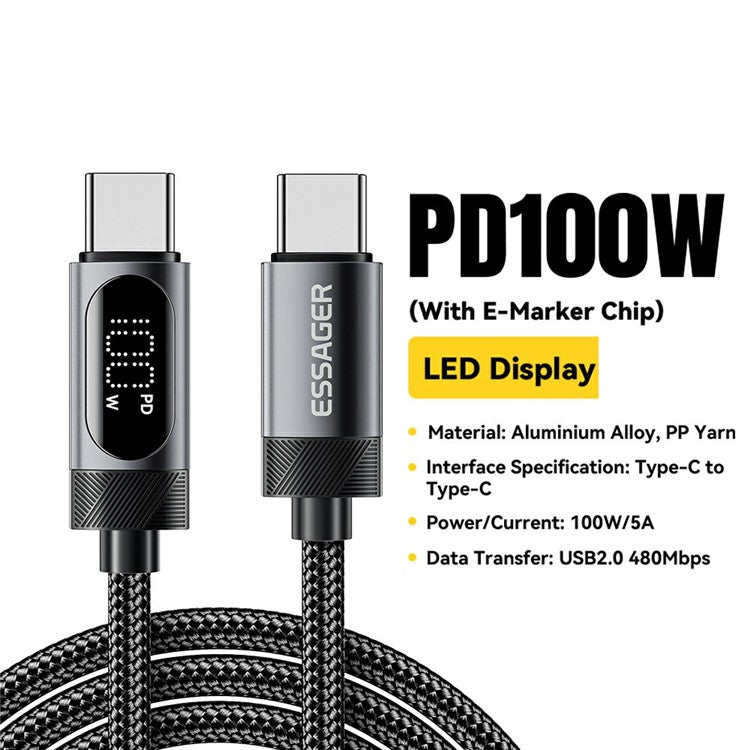 ESSAGER 2m USB C to USB C Cable 100W Digital Display Fast Charging Data Sync Cord
