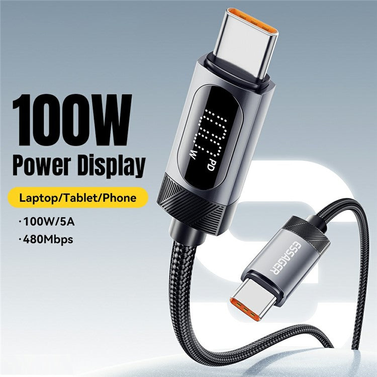 ESSAGER 2m USB C to USB C Cable 100W Digital Display Fast Charging Data Sync Cord